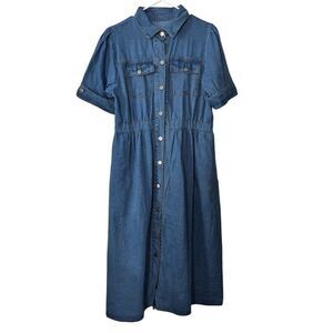 Classic Blue Denim Midi Shirt Dress with Button Front